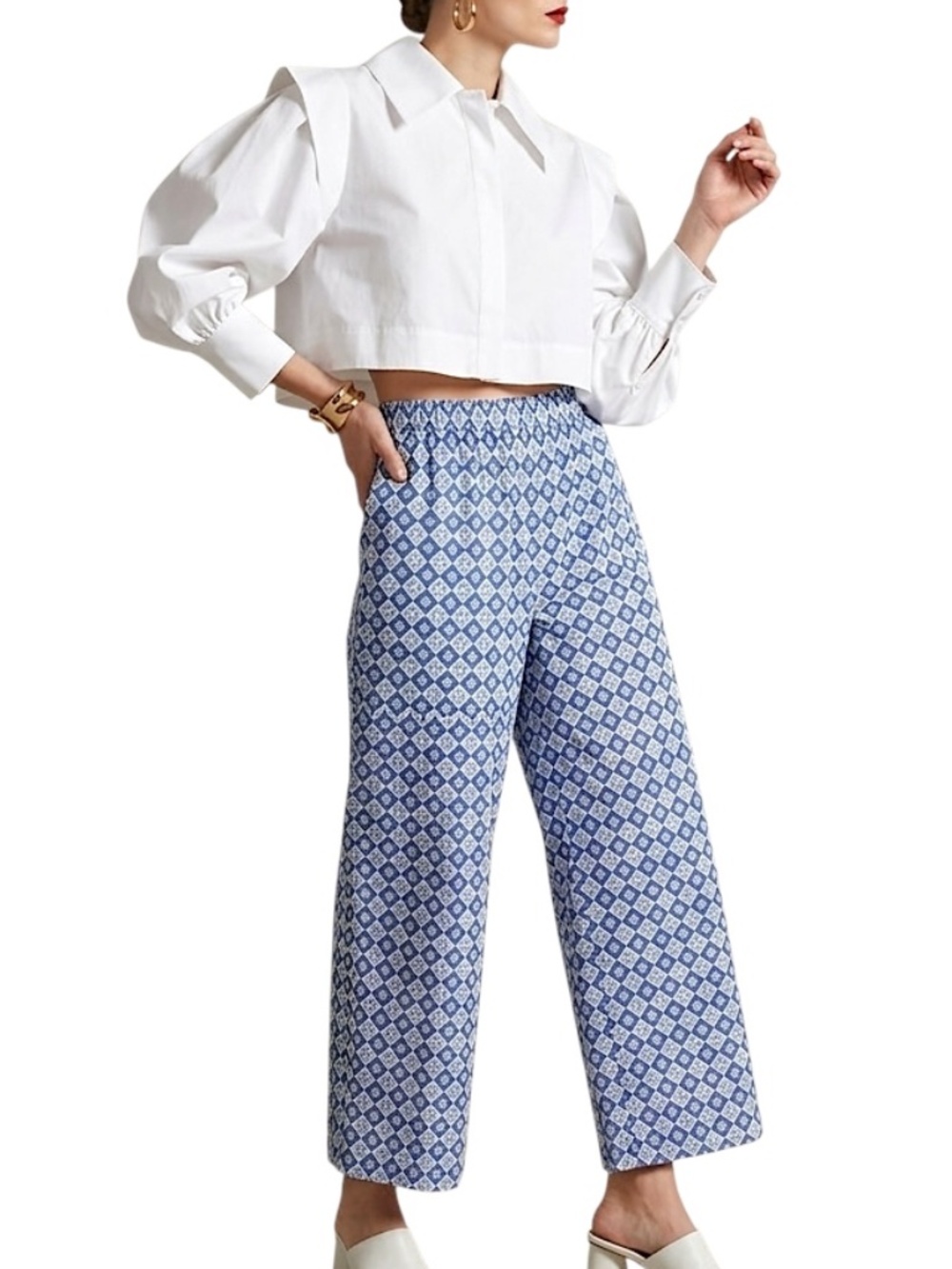 NWT Weekend MAX MARA blue white print cotton poplin wide leg old money pants 8